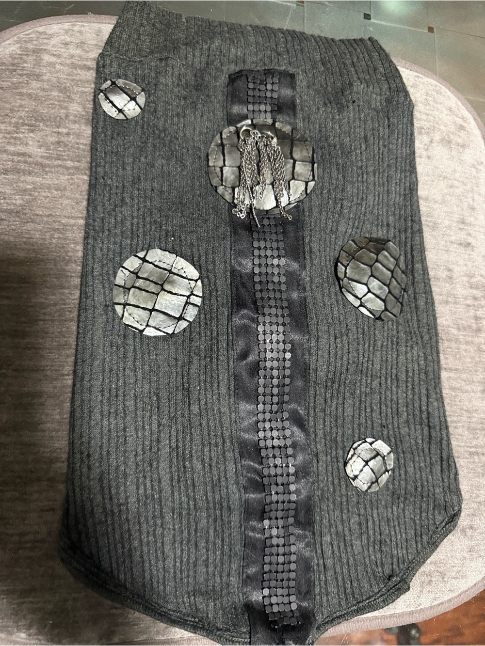 Stylish Gray Ribbed Dog Sweater with Decorative Leather  Accent’s 100%Cashmere